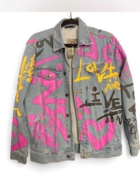 Chemistry Light-Wash Denim Jacket with Pink & Yellow Graffiti